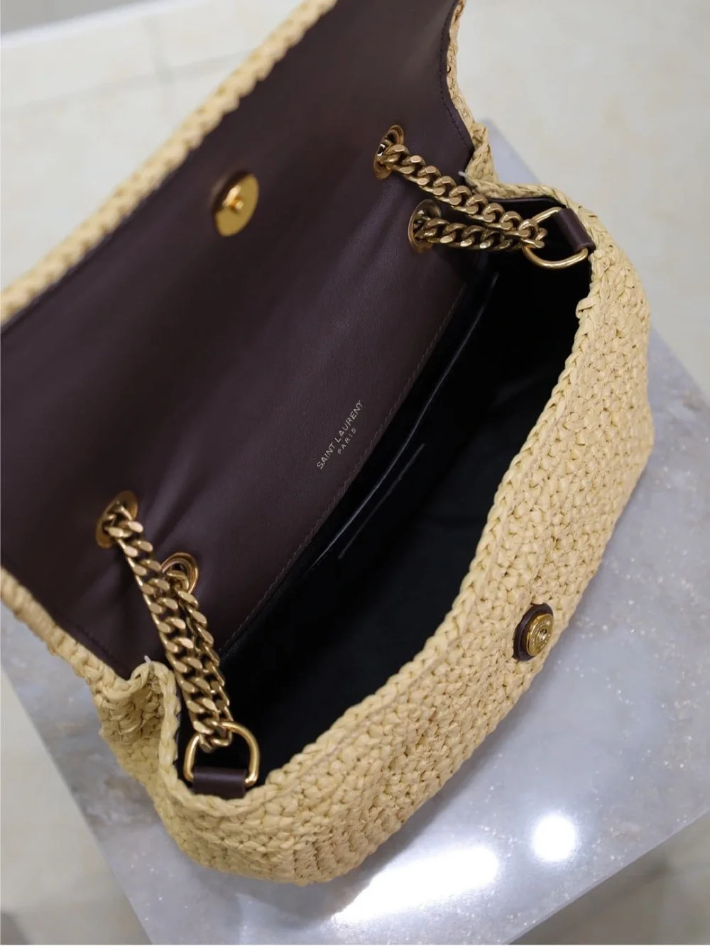 Saint Laurent Straw Crochet Shoulder Bag in Natural Beige with Dark Brown Trim